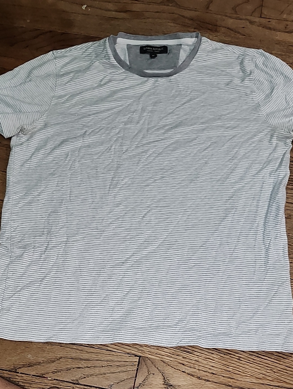 Banana Republic White Tee with Light Gray Trim and Subtle Stripe